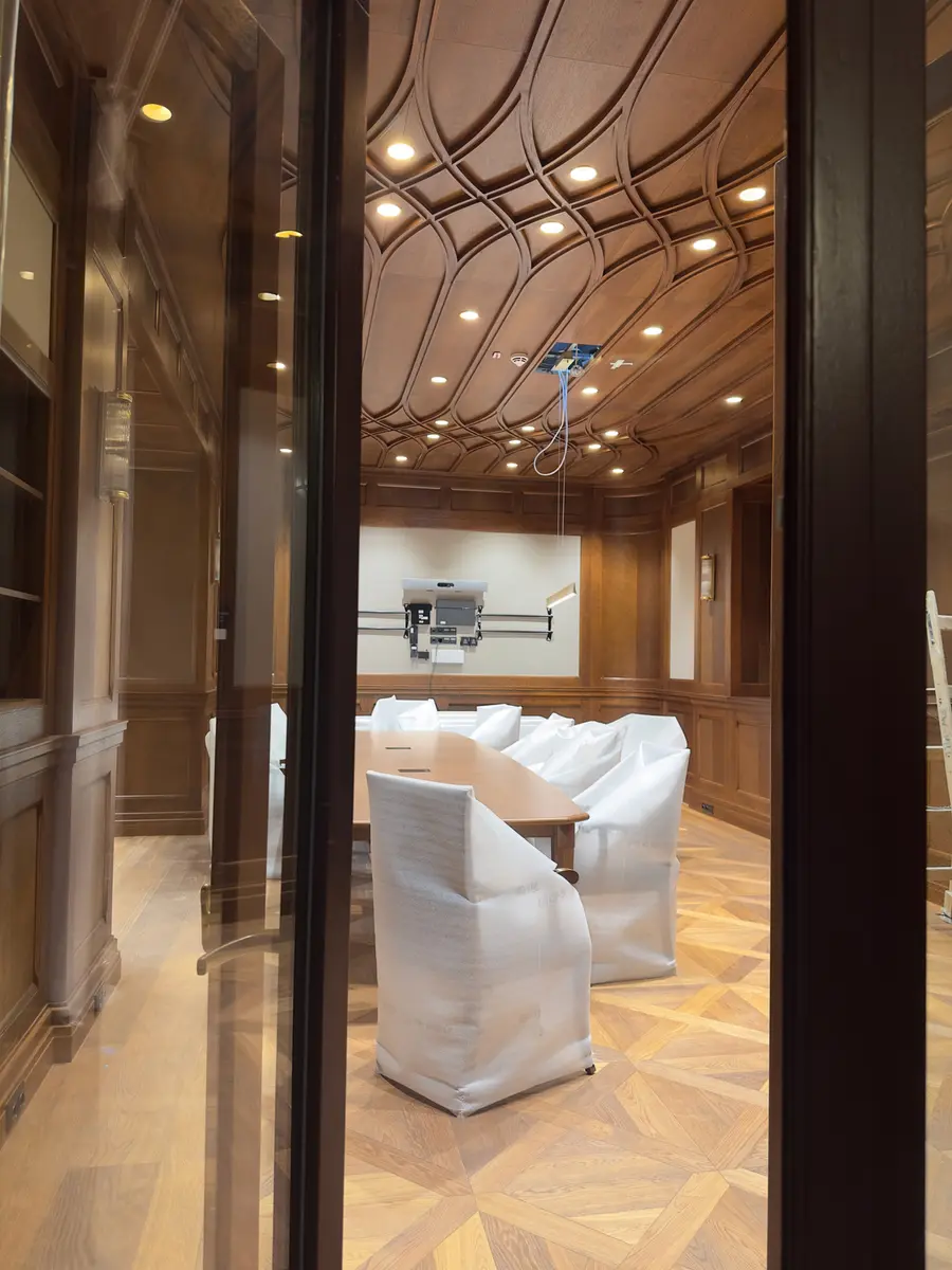 Restored wood interior with integrated lighting